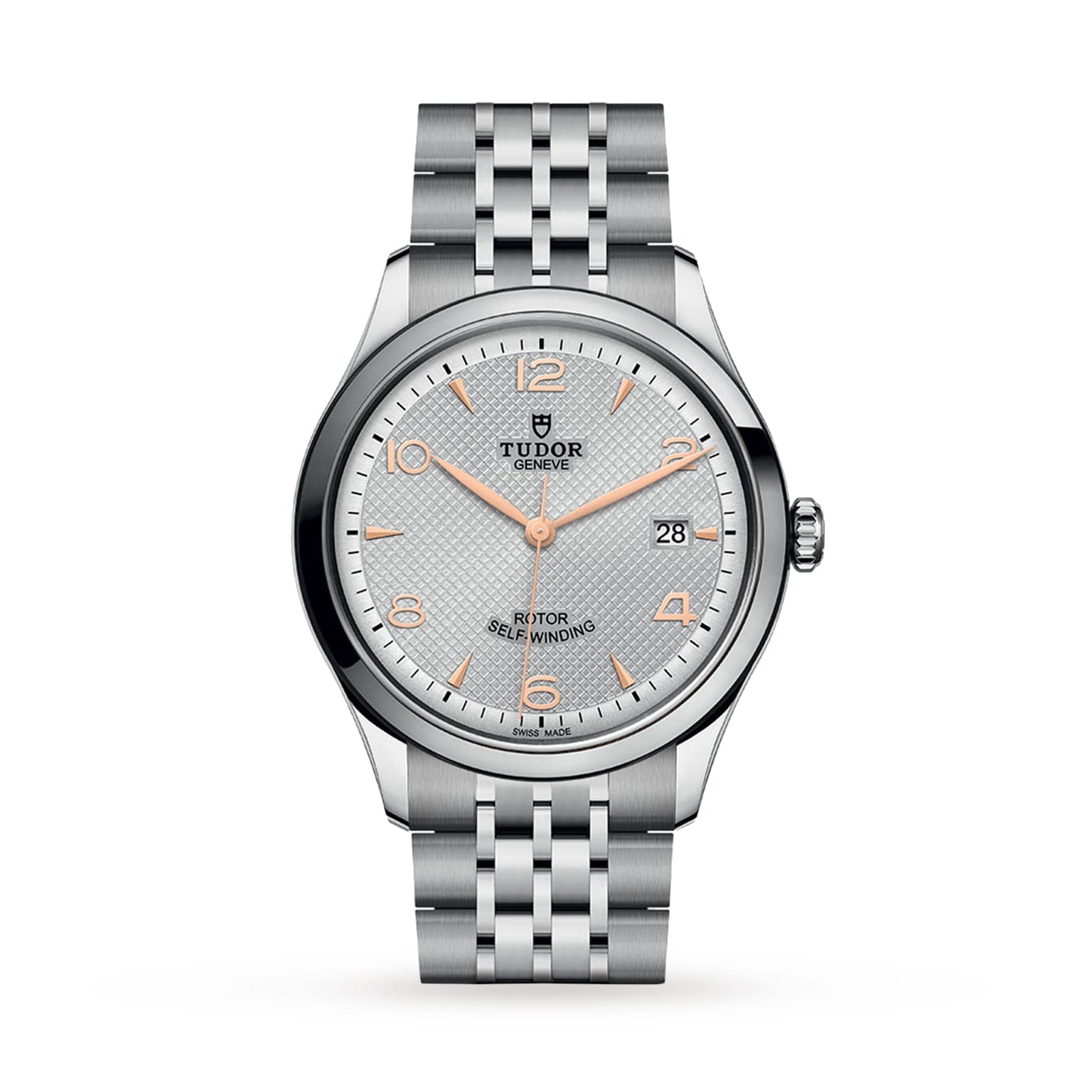 The TUDOR 1926 is a classic stainless steel watch with a silver textured dial, gold-tone markers and hands, a date window at 3 oclock, and a stylish metal link bracelet—a refined nod to fine mechanical timepieces.