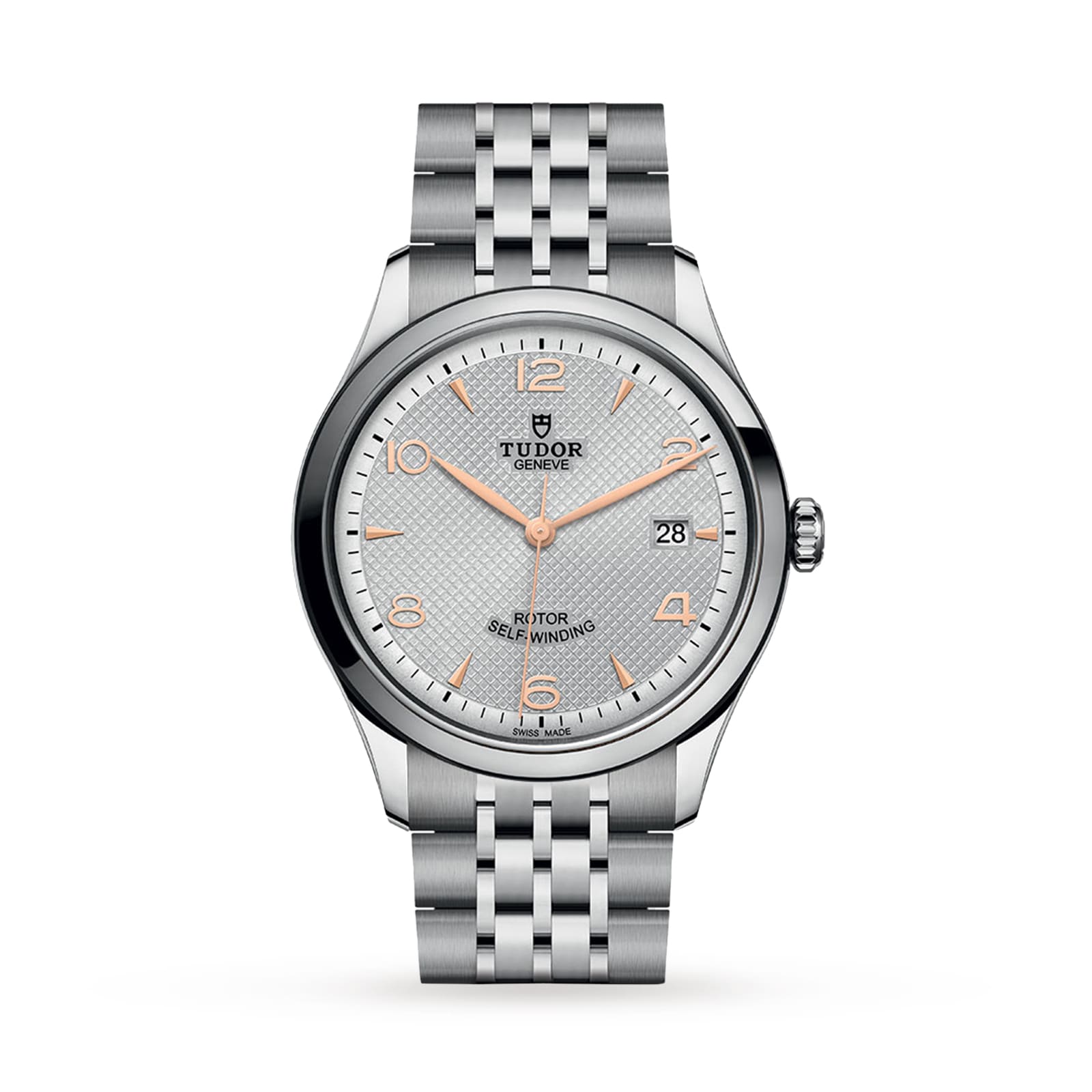 The TUDOR 1926 is a classic stainless steel watch with a silver textured dial, gold-tone markers and hands, a date window at 3 oclock, and a stylish metal link bracelet—a refined nod to fine mechanical timepieces.