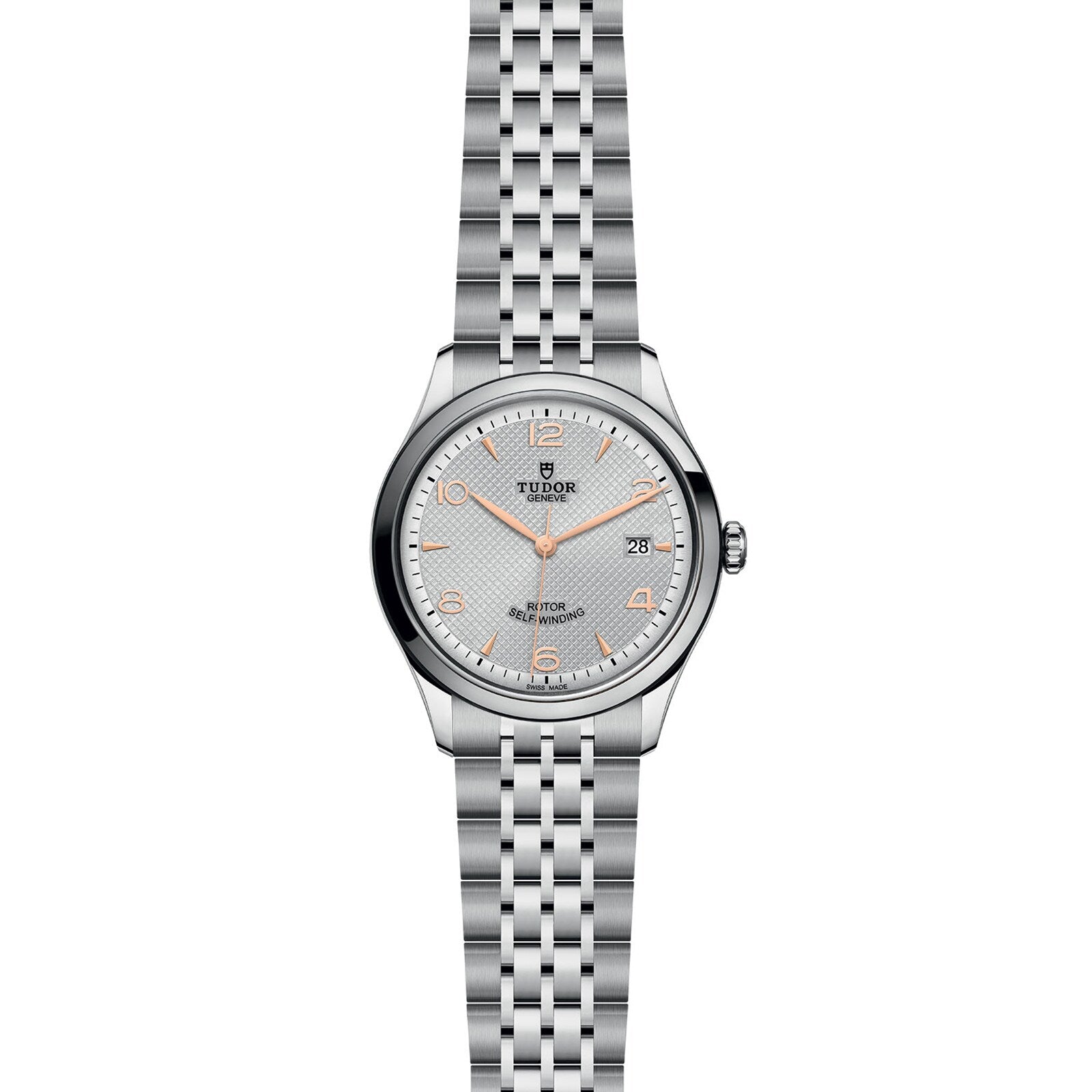 The TUDOR 1926 is a classic stainless steel wristwatch featuring a silver dial with orange hour markers, date display at 3 o’clock, and a five-link bracelet—ideal for fans of elegant mechanical timepieces.