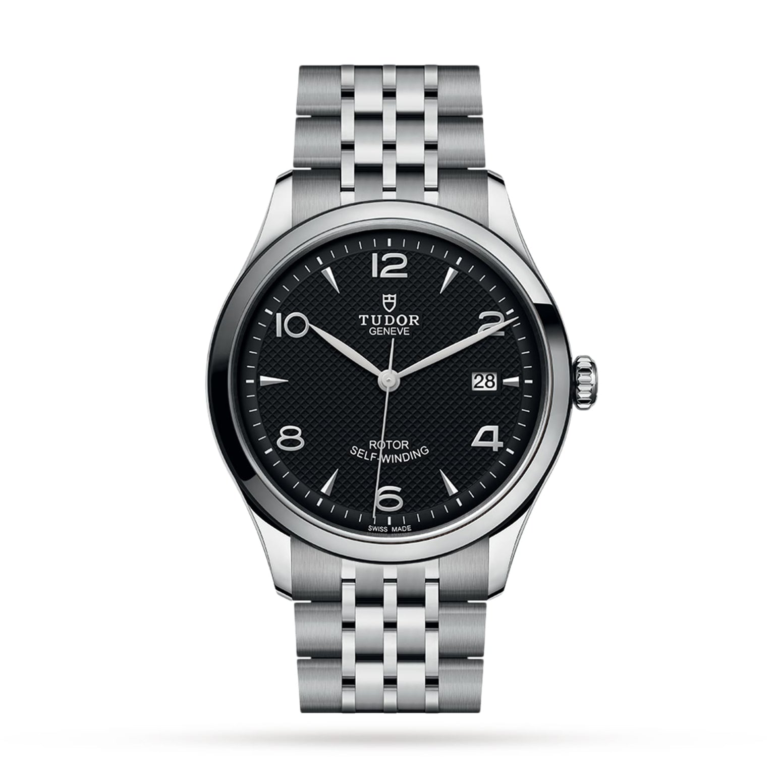A TUDOR 1926 stainless steel wristwatch featuring a black textured dial, silver hour markers, date at 3 o’clock, and a metal bracelet is displayed on a white background, showcasing the refined style of TUDOR.