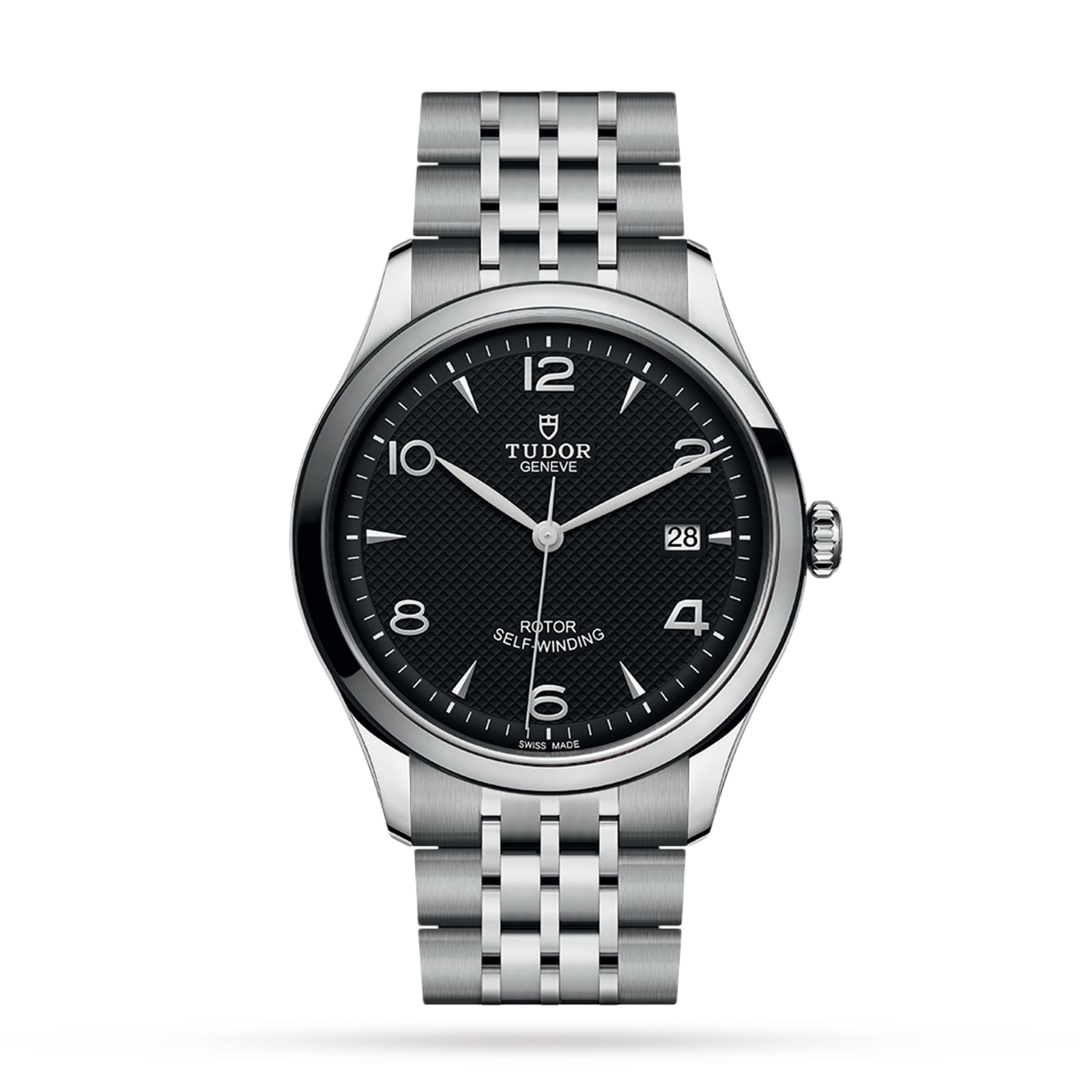 A TUDOR 1926 stainless steel wristwatch featuring a black textured dial, silver hour markers, date at 3 o’clock, and a metal bracelet is displayed on a white background, showcasing the refined style of TUDOR.