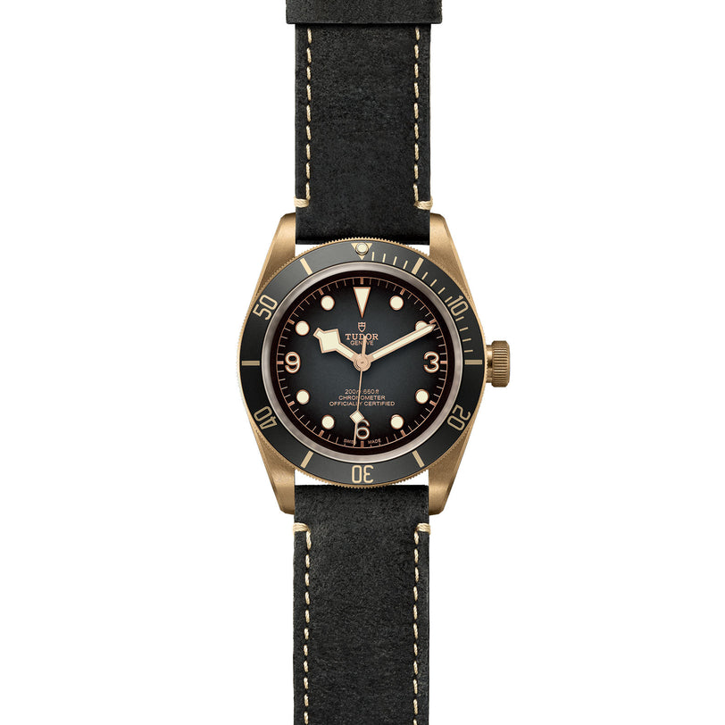 The TUDOR Black Bay Bronze features a bronze case, black dial with luminous markers, and a black leather strap with white stitching—a standout diving watch that blends tradition and style.
