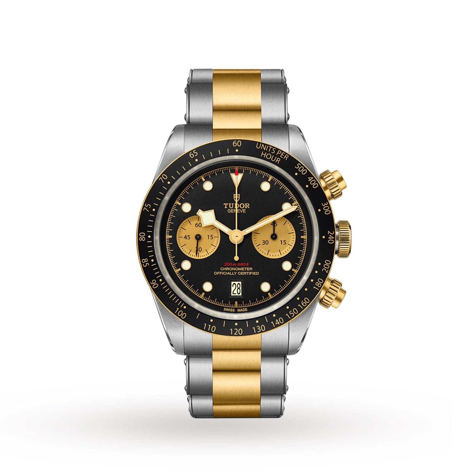 The TUDOR Black Bay Chrono S&G is a stainless steel and gold chronograph wristwatch with a black dial, gold subdials, and date at 6 o’clock, Swiss-made movement, shown on a plain white background.