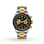 The TUDOR Black Bay Chrono S&G is a stainless steel and gold chronograph wristwatch with a black dial, gold subdials, and date at 6 o’clock, Swiss-made movement, shown on a plain white background.