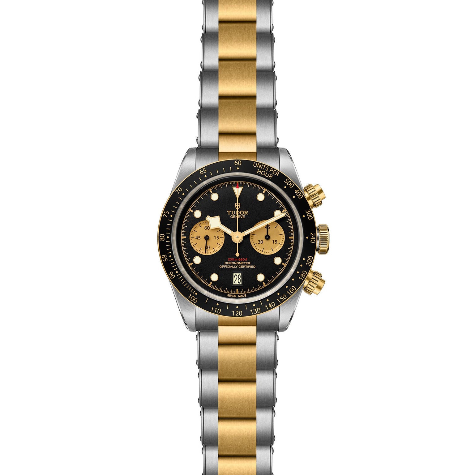 The TUDOR Black Bay Chrono S&G wristwatch features a two-tone metal band, black dial with gold subdials and markers, signature snowflake hands, and a tachymeter bezel.