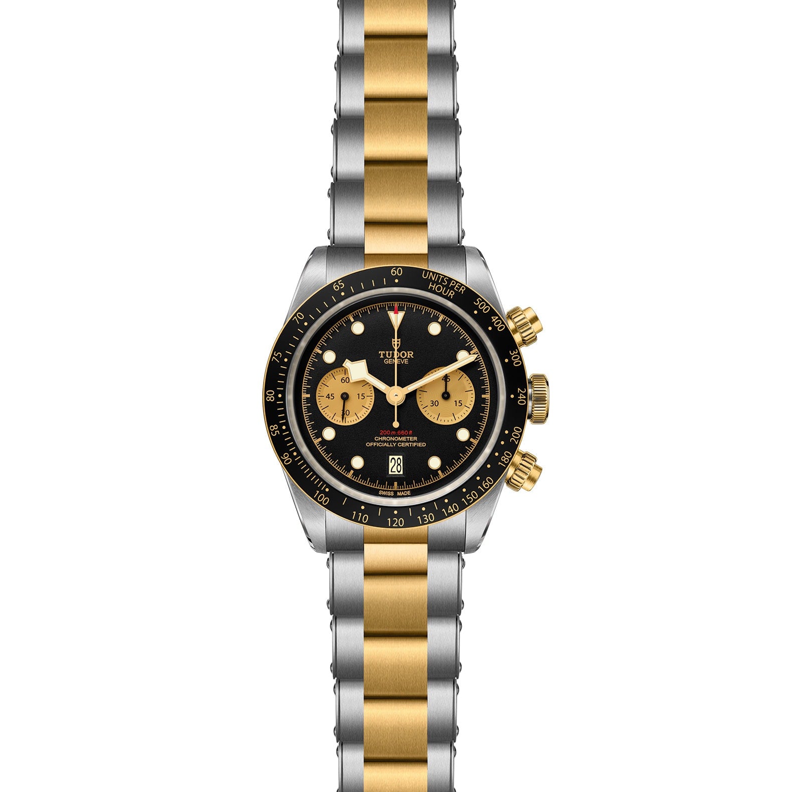 The TUDOR Black Bay Chrono S&G wristwatch features a two-tone metal band, black dial with gold subdials and markers, signature snowflake hands, and a tachymeter bezel.