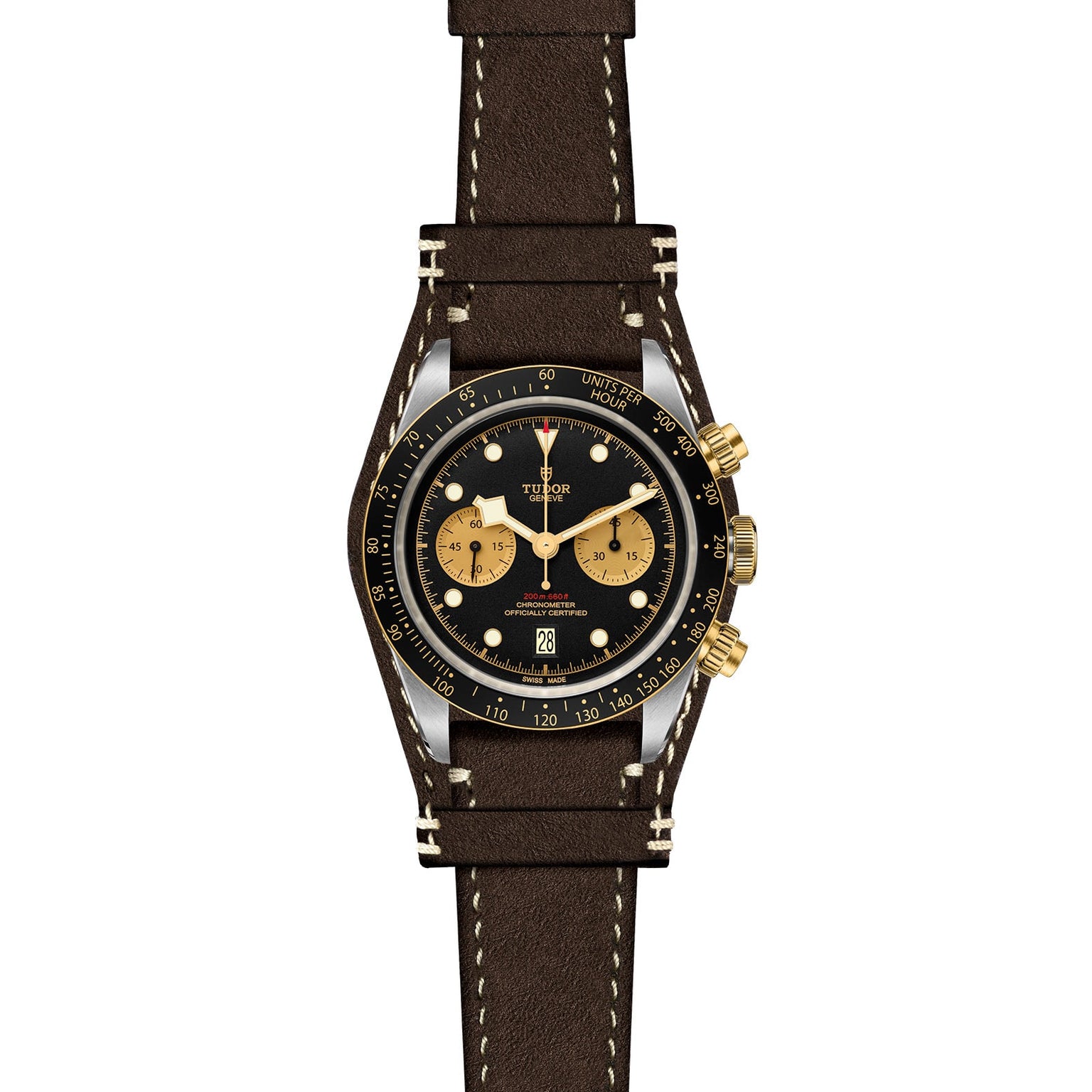 The TUDOR Black Bay Chrono S&G wristwatch features a brown leather strap, black dial, gold subdials, and gold pushers, displayed against a white background.