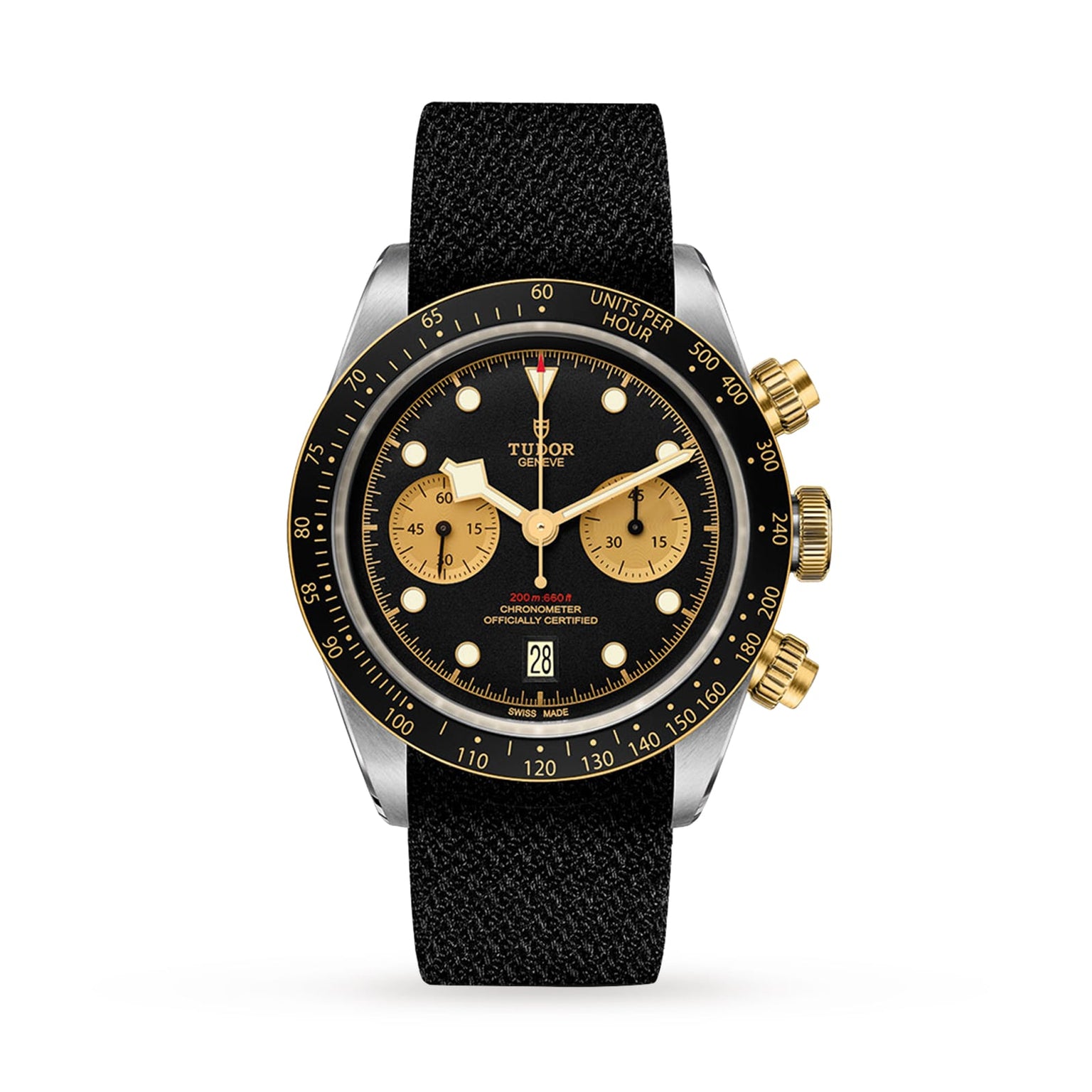The TUDOR Black Bay Chrono S&G features a black dial, gold subdials and pushers, plus a black fabric strap—combining sporty chronograph style with signature diver watch heritage, shown here against a white background.