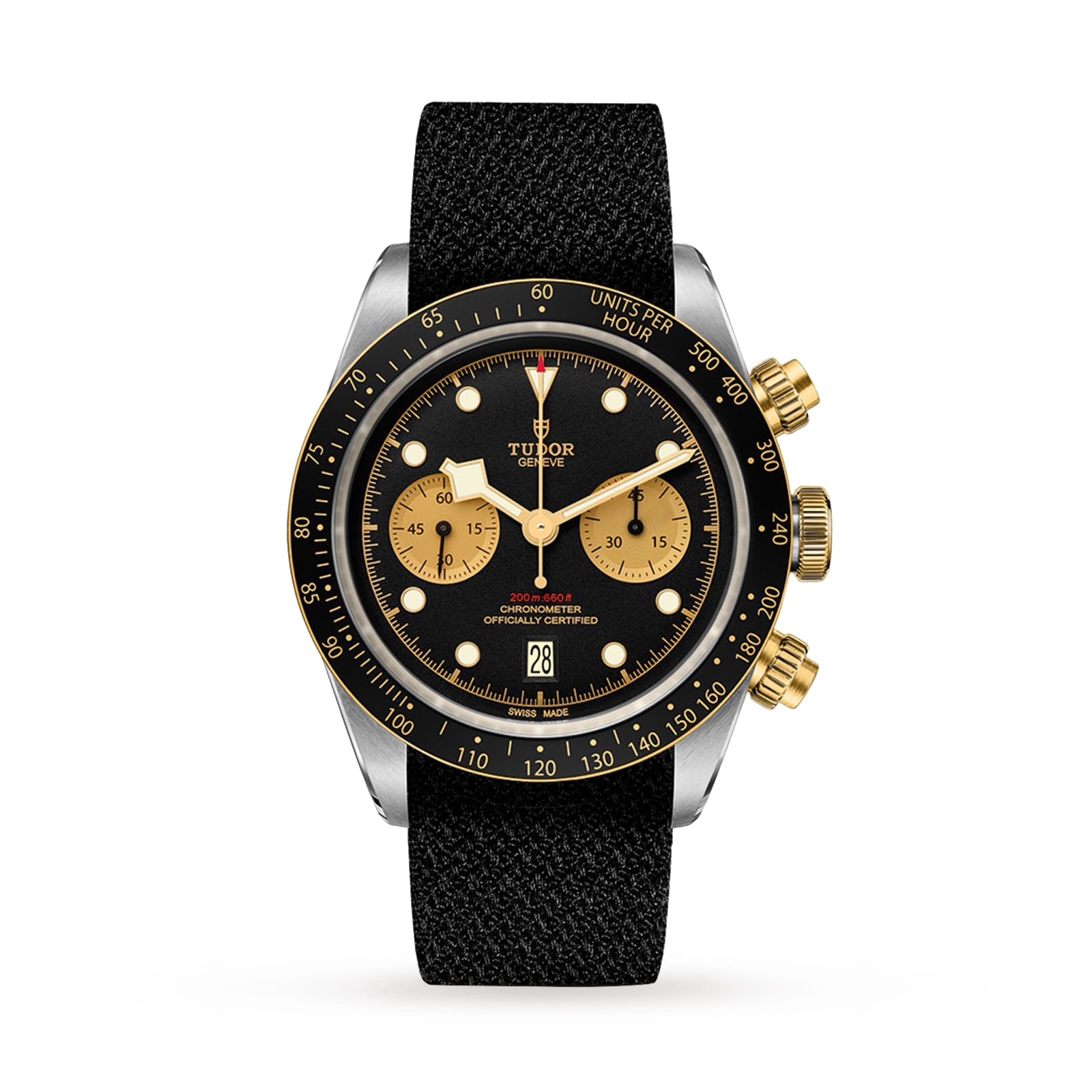 The TUDOR Black Bay Chrono S&G features a black dial, gold subdials and pushers, plus a black fabric strap—combining sporty chronograph style with signature diver watch heritage, shown here against a white background.
