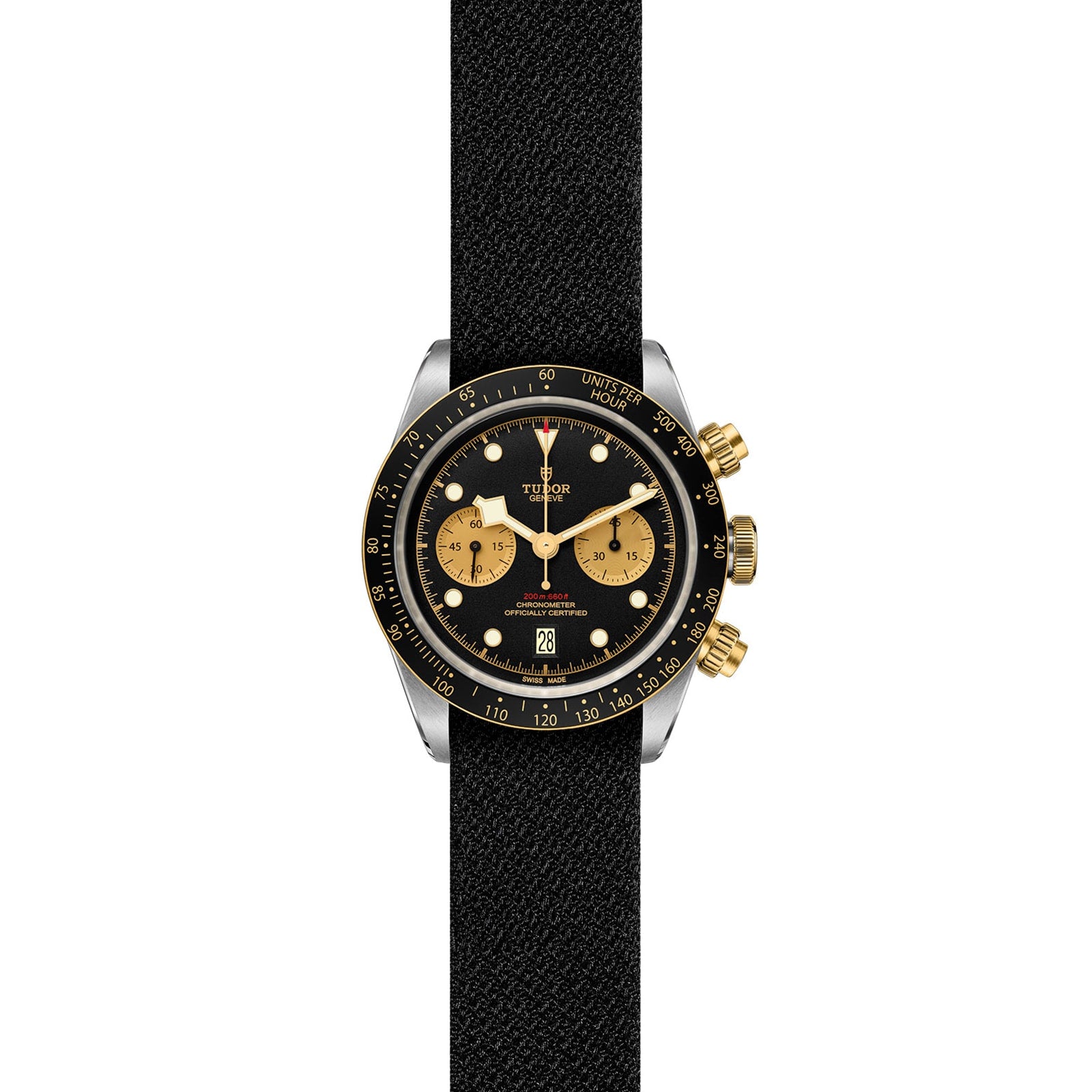 The TUDOR Black Bay Chrono S&G features a black fabric strap, black face, three gold subdials, gold pushers and crown, and a black and gold bezel—blending iconic chronograph diver’s watch design with signature TUDOR style.