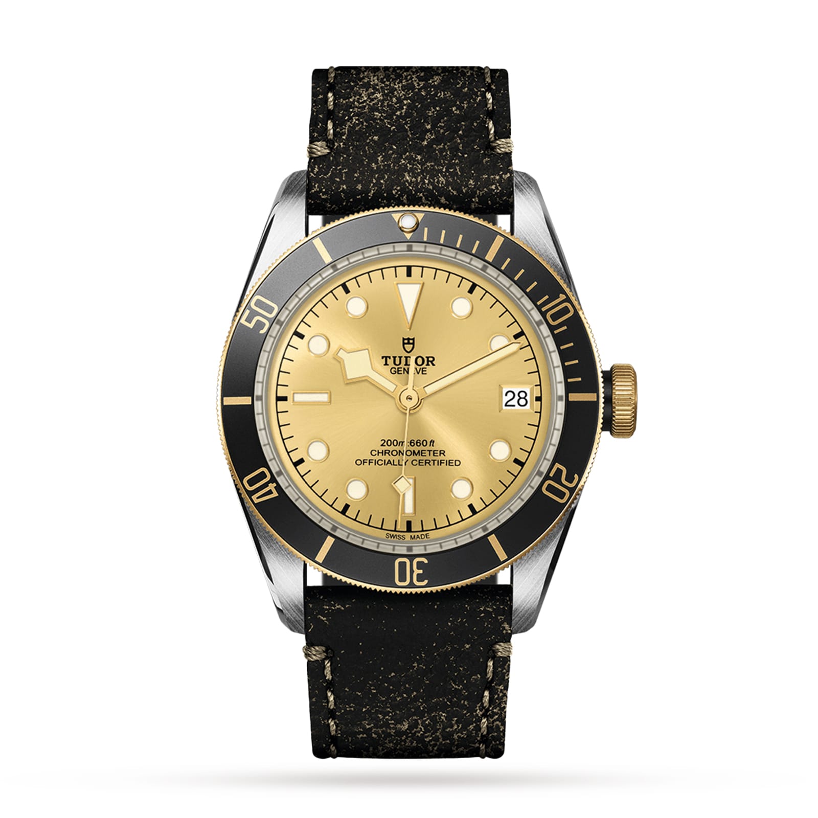 A TUDOR Black Bay S&G wristwatch with a gold dial, black bezel, date display, and black leather strap—an iconic classic—pictured on a white background.