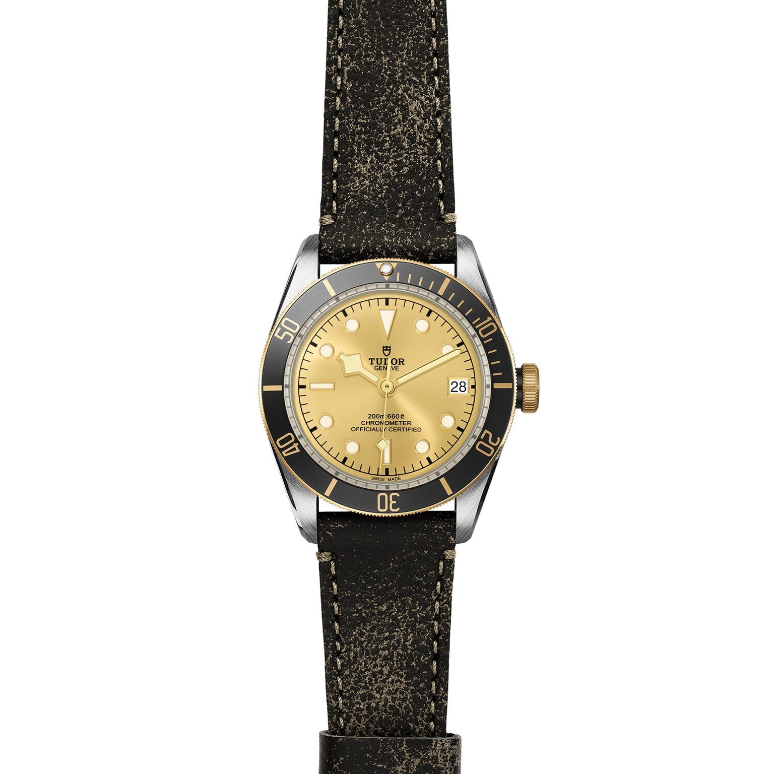 The TUDOR Black Bay S&G features a gold dial, black bezel, and a distressed black leather strap.