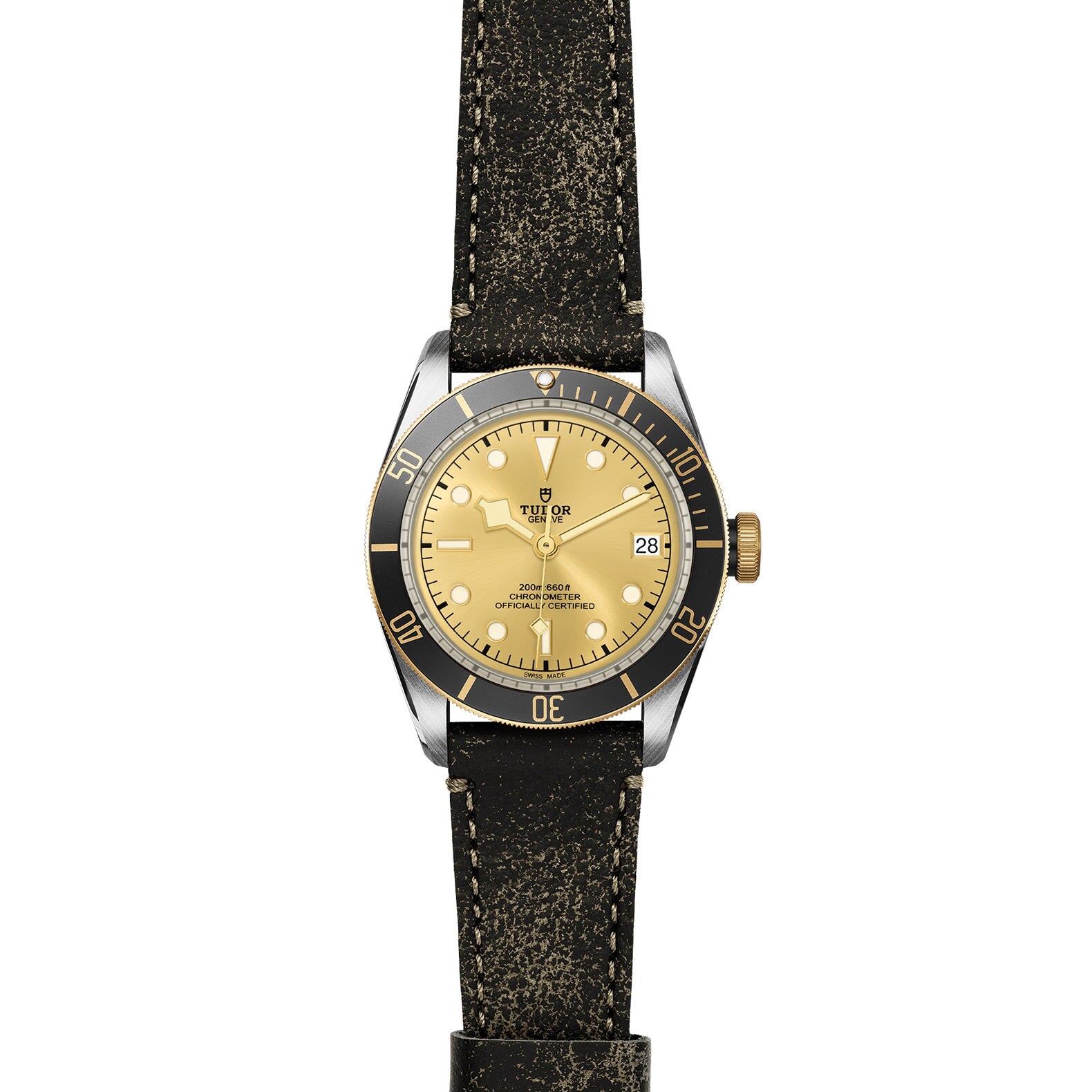 The TUDOR Black Bay S&G features a gold dial, black bezel, and a distressed black leather strap.