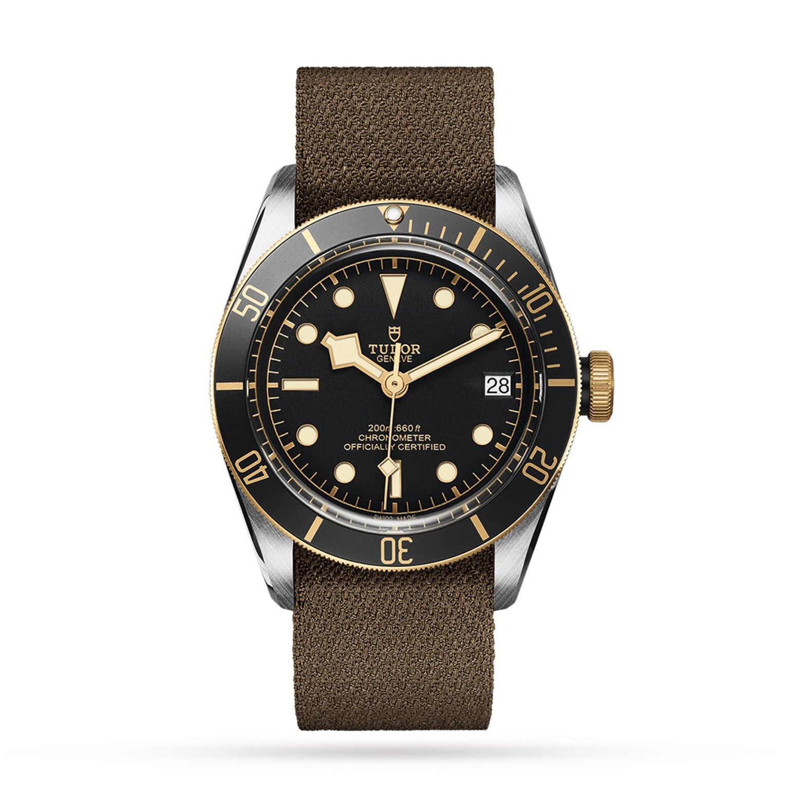 The TUDOR Black Bay S&G wristwatch, featuring a black and gold bezel, black dial with gold accents, and a brown fabric strap, is showcased against a white background—an elegant choice among classic timepieces.