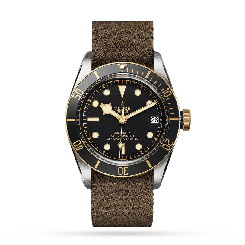 The TUDOR Black Bay S&G wristwatch, featuring a black and gold bezel, black dial with gold accents, and a brown fabric strap, is showcased against a white background—an elegant choice among classic timepieces.
