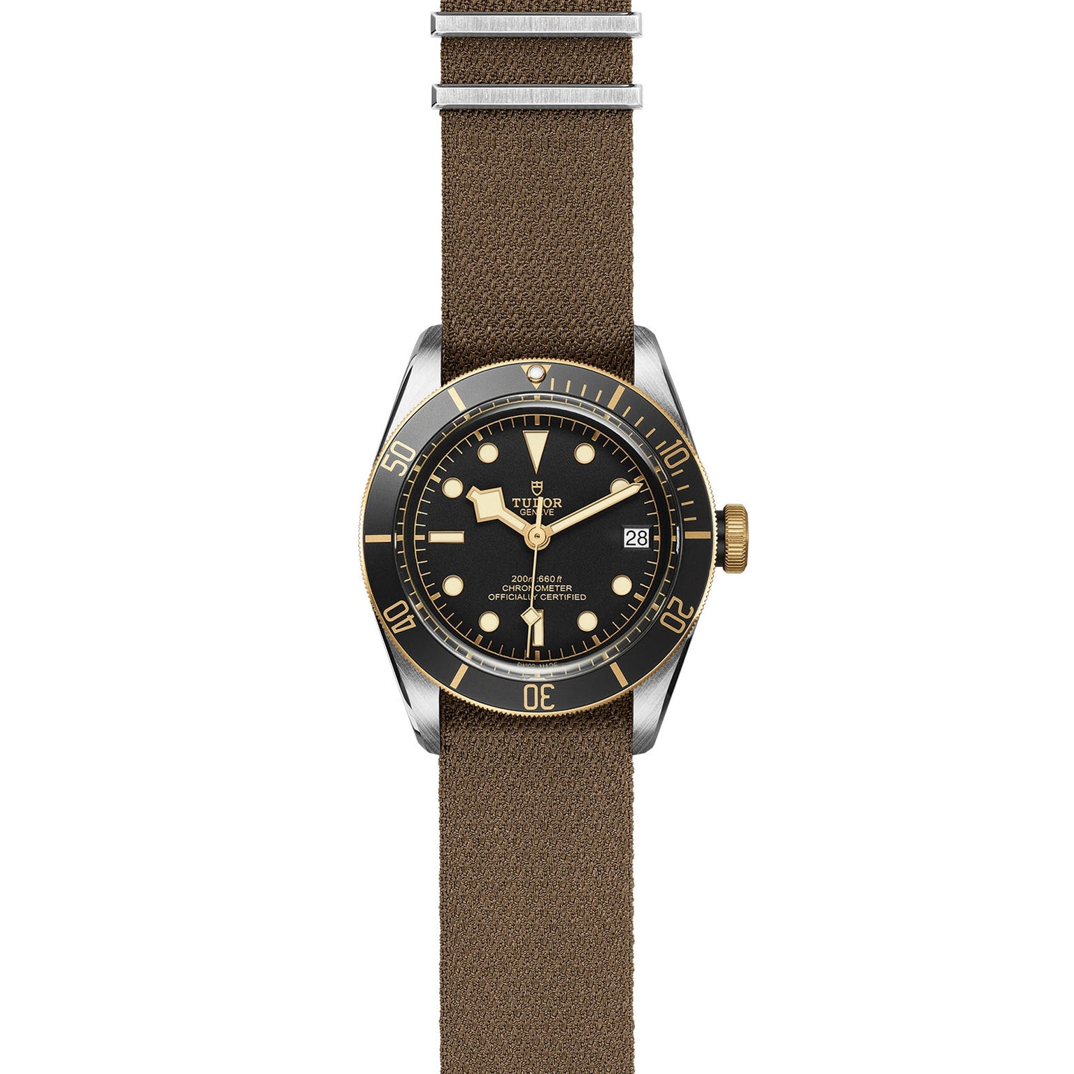 The TUDOR Black Bay S&G is a wristwatch inspired by classic timepieces, with a black and gold bezel, black dial, luminous markers, date display, and brown fabric strap—reflecting Tudor elegance against a white background.