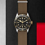 The TUDOR Black Bay S&G, featuring a brown strap, black dial, gold accents, and date display, rests on a textured black and metallic surface with a red detail, showcasing the timeless style of TUDOR diving watches.