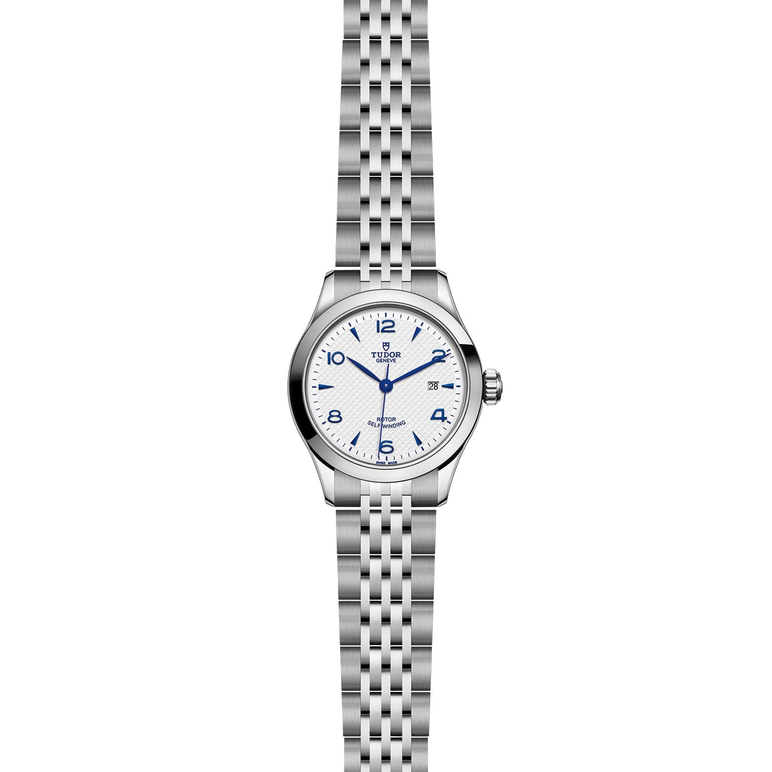 The TUDOR 1926 is a stainless steel wristwatch featuring a silver link bracelet, white textured dial, blue numerals, and the TUDOR logo—an elegant addition to mechanical timepieces.