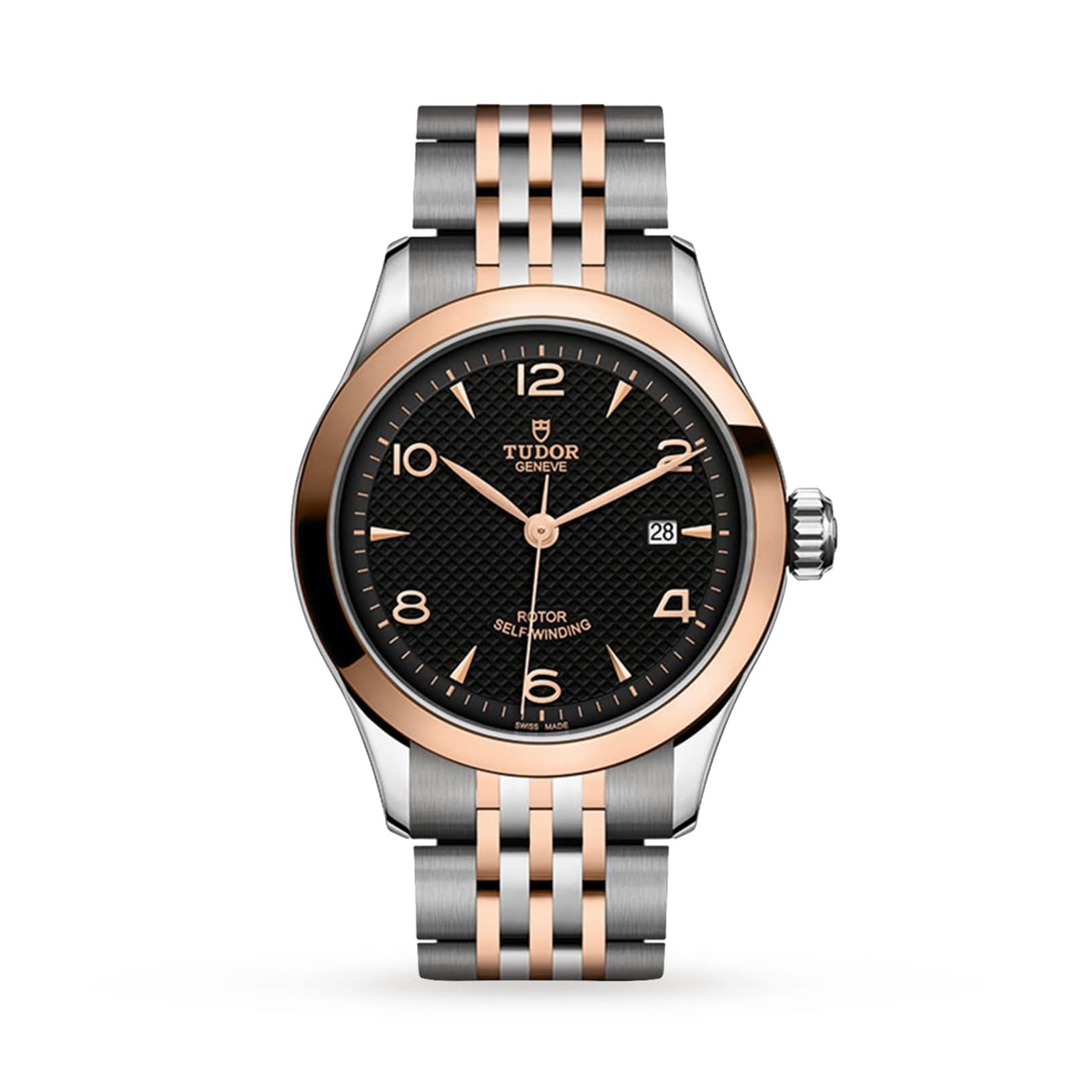 The TUDOR 1926 is a classic wristwatch with a black textured dial, gold-tone bezel, two-tone bracelet, and date display at 3 o’clock—an elegant choice for mechanical watch enthusiasts.