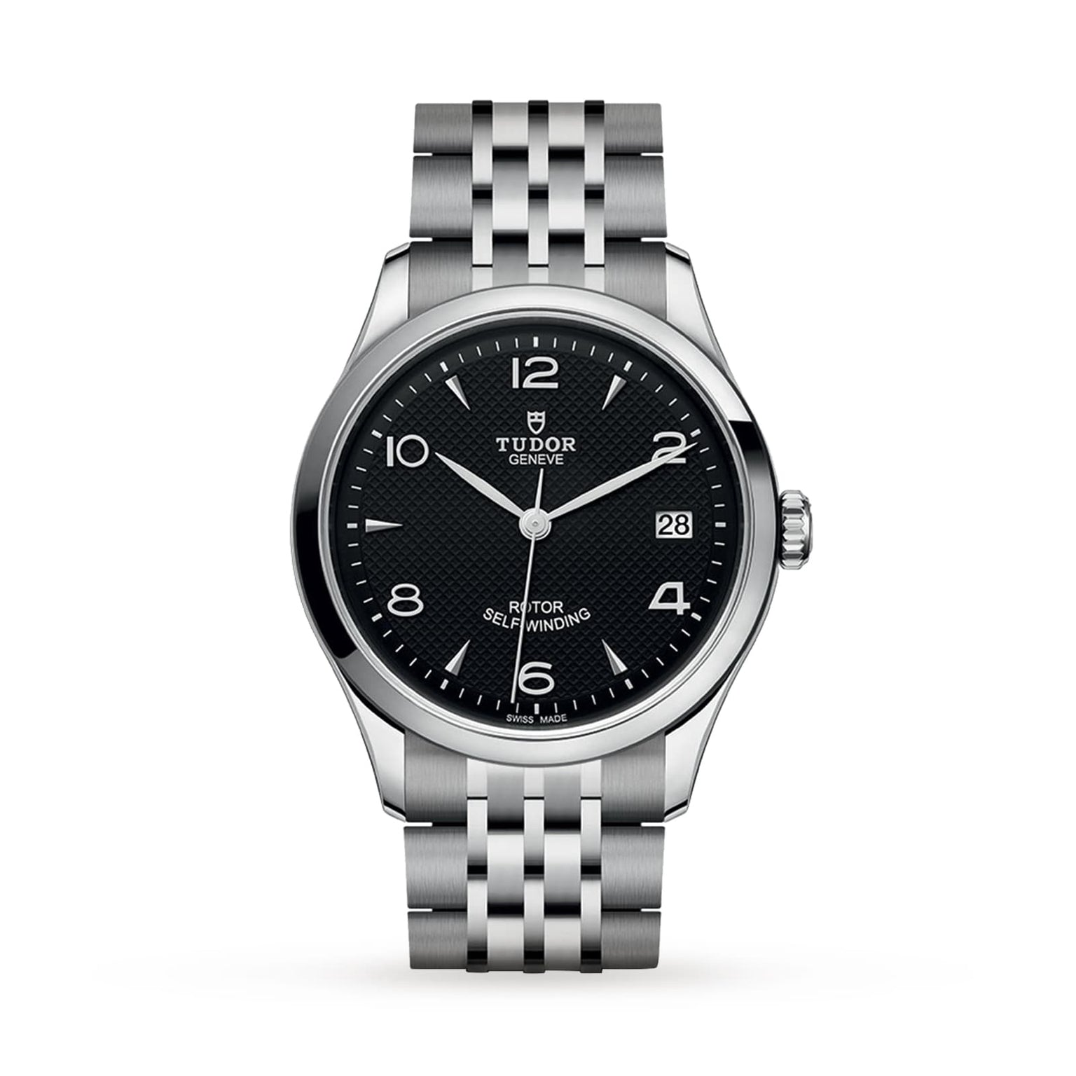 The TUDOR 1926 is a classic stainless steel wristwatch featuring a black textured dial, silver hour markers, date at 3 o’clock, and a five-link metal bracelet, highlighting the timeless appeal of mechanical watches against a white background.
