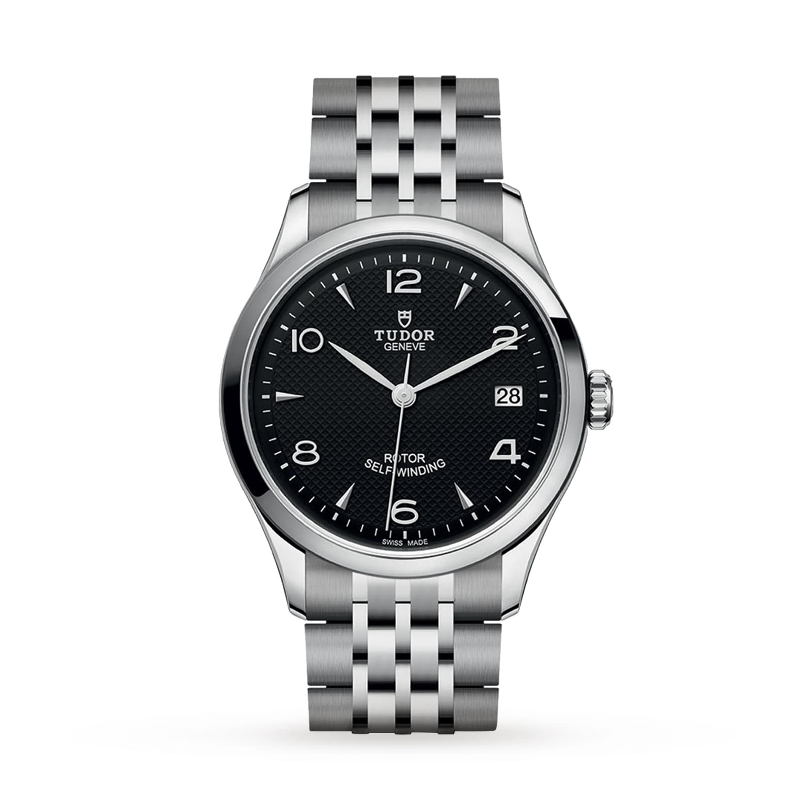 The TUDOR 1926 is a classic stainless steel wristwatch featuring a black textured dial, silver hour markers, date at 3 o’clock, and a five-link metal bracelet, highlighting the timeless appeal of mechanical watches against a white background.