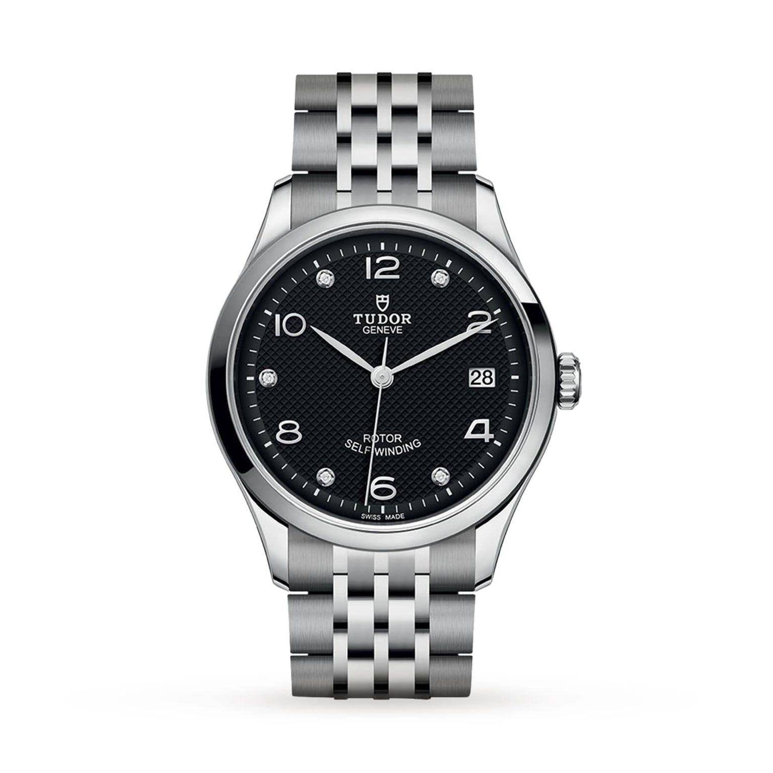 A TUDOR 1926 stainless steel wristwatch featuring a black textured dial, silver hour markers, date display at 3 o’clock, and a metal link bracelet is displayed on a white background.