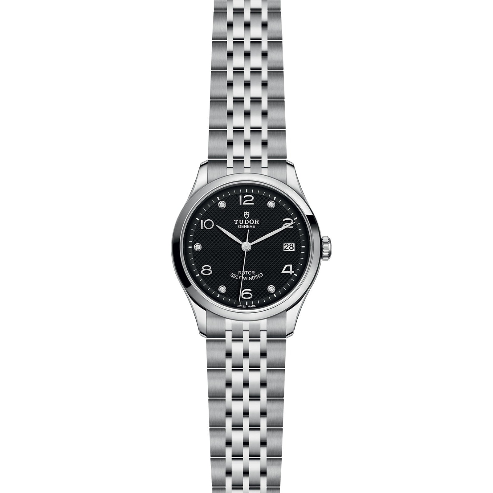 A TUDOR 1926 stainless steel wristwatch featuring a black dial, silver hour markers, a date window at 3 oclock, and a metal link bracelet is displayed against a white background—a classic example of TUDOR craftsmanship.