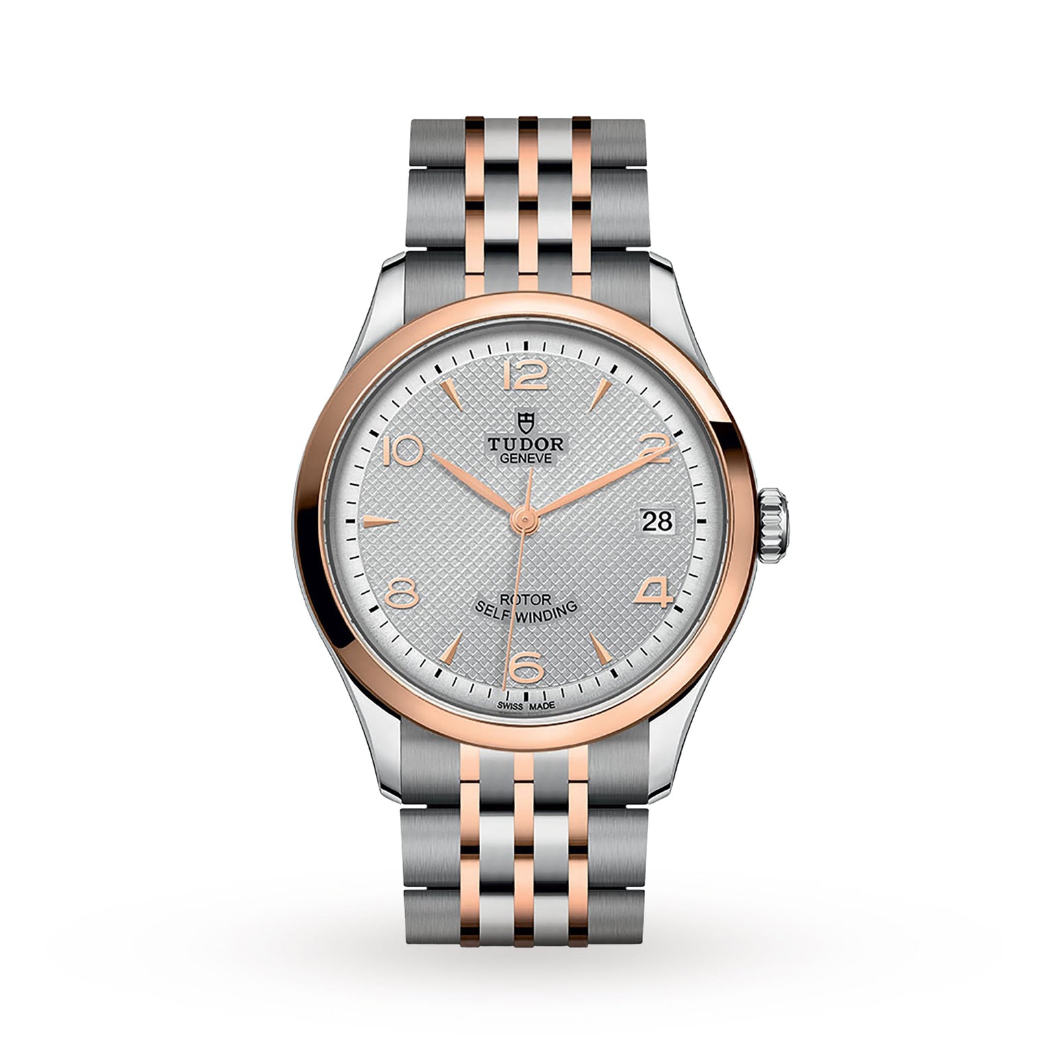 The TUDOR 1926 features a silver and rose gold metal band, white textured dial, date at 3 oclock, and gold markers and hands—an elegant mechanical watch for discerning enthusiasts.
