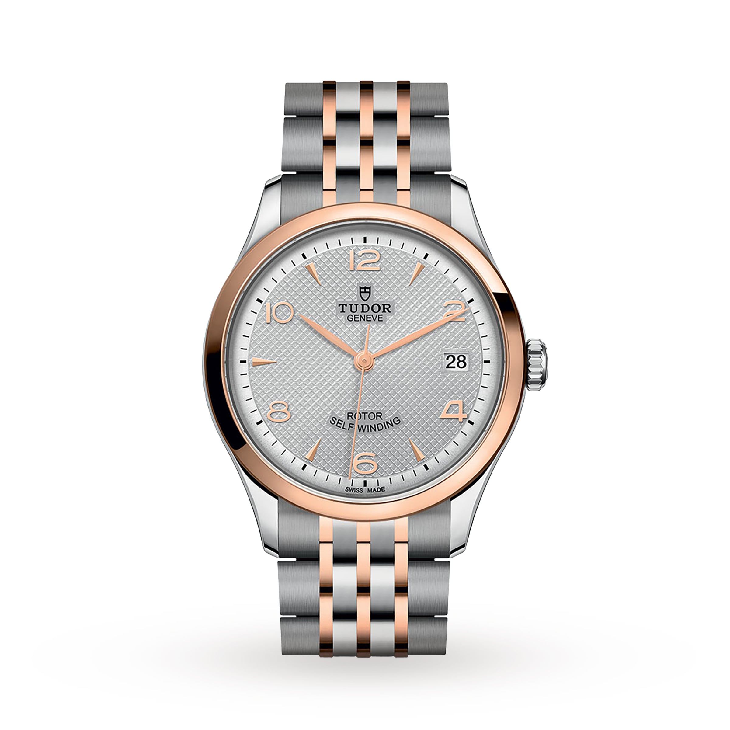 The TUDOR 1926 features a silver and rose gold metal band, white textured dial, date at 3 oclock, and gold markers and hands—an elegant mechanical watch for discerning enthusiasts.