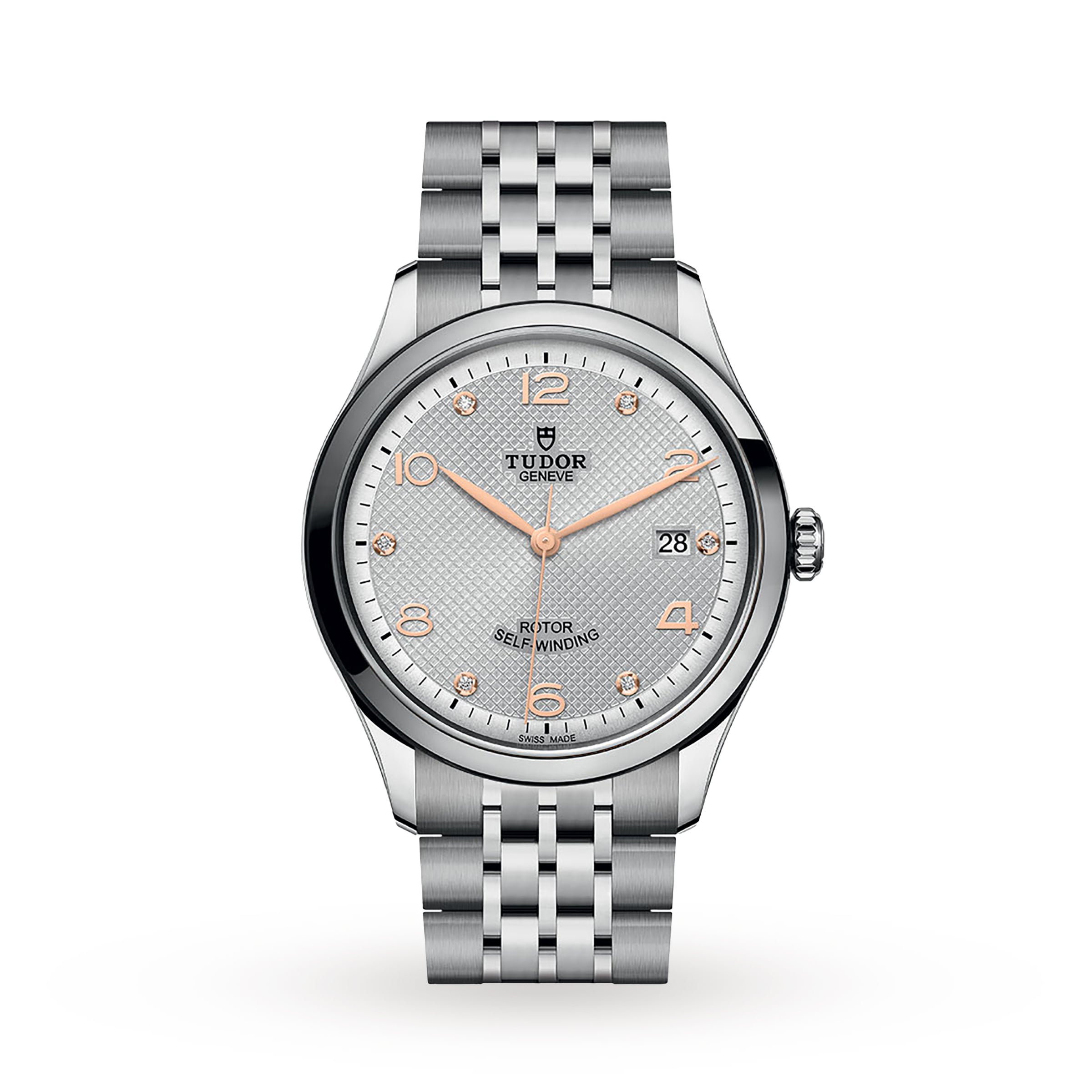 The TUDOR 1926 is a silver wristwatch with a textured light gray dial, rose gold markers and hands, a date display at 3 o’clock, and a metal bracelet—a refined mechanical timepiece from the TUDOR collection.