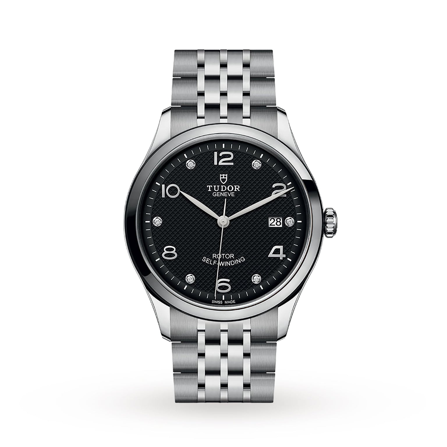 The TUDOR 1926 wristwatch features a stainless steel case, black textured dial, silver markers, date at 3 o’clock, and metal link bracelet—highlighting Hans Wilsdorf’s commitment to fine watchmaking. Shown on a white background.