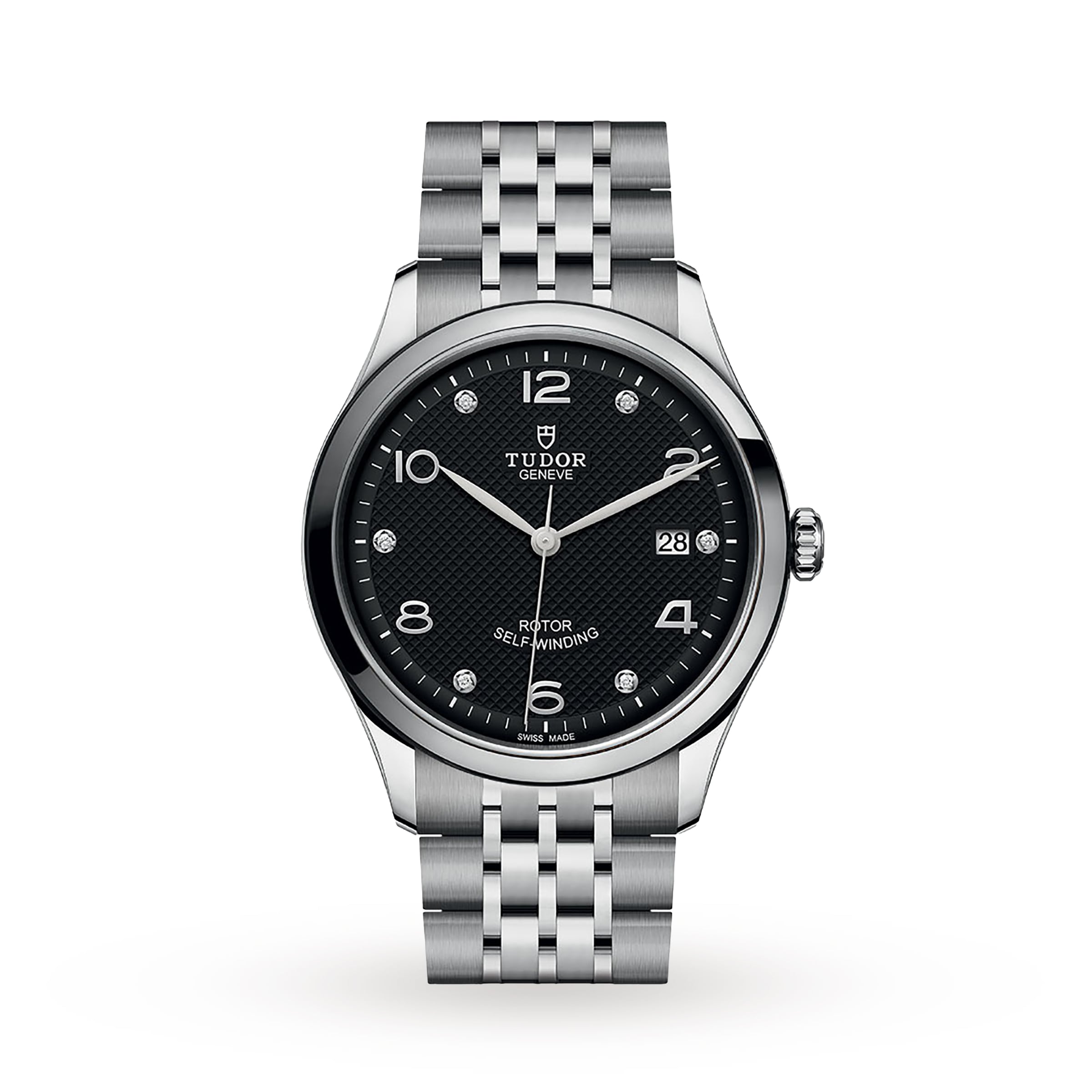 The TUDOR 1926 wristwatch features a stainless steel case, black textured dial, silver markers, date at 3 o’clock, and metal link bracelet—highlighting Hans Wilsdorf’s commitment to fine watchmaking. Shown on a white background.