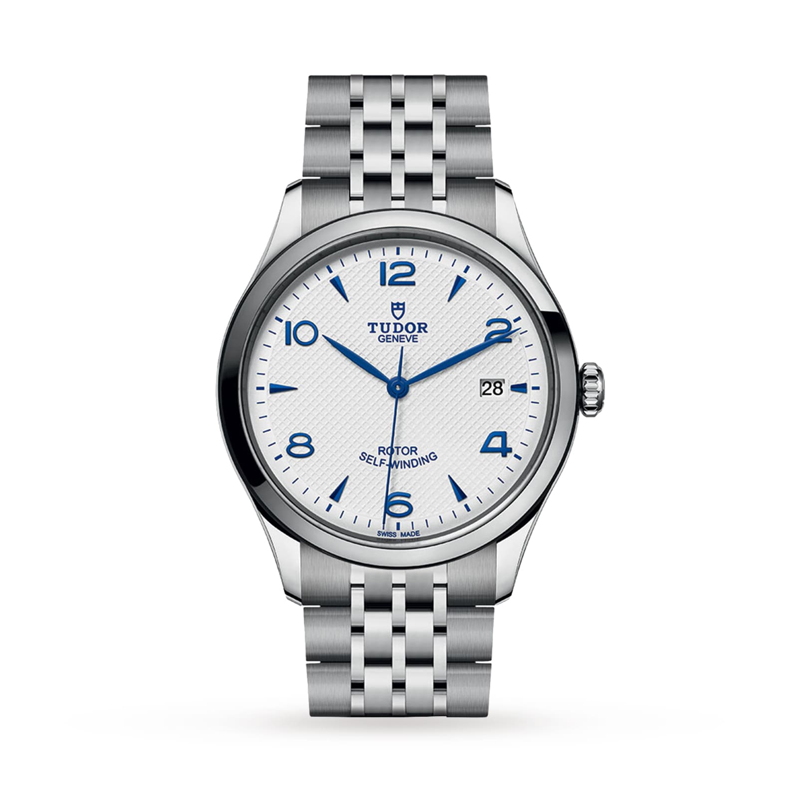 The TUDOR 1926 is a stainless steel wristwatch with a white textured dial, blue Arabic numerals and hands, a date display at 3 o’clock, and a polished silver bracelet that showcases TUDOR’s mechanical watch expertise.