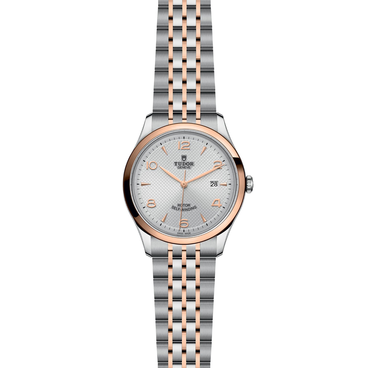The TUDOR 1926 is a classic two-tone wristwatch with a silver and rose gold bracelet, round silver dial, gold hour markers, and a date window at 3 oclock—perfect for those who appreciate elegant mechanical watches.