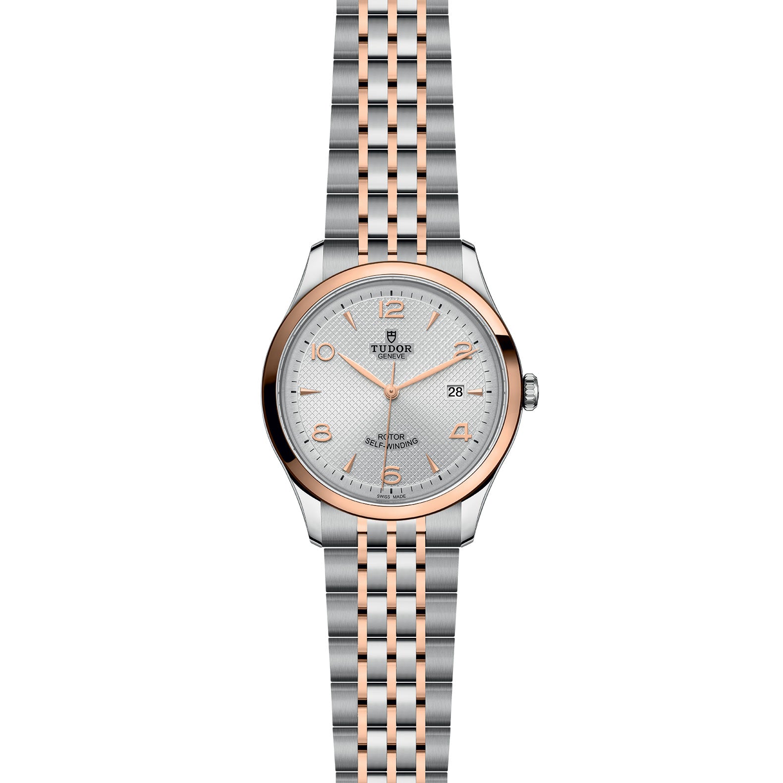 The TUDOR 1926 is a classic two-tone wristwatch with a silver and rose gold bracelet, round silver dial, gold hour markers, and a date window at 3 oclock—perfect for those who appreciate elegant mechanical watches.