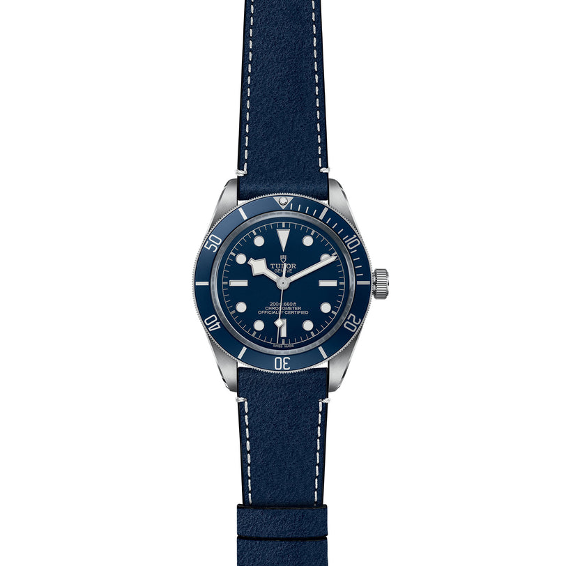 The TUDOR Black Bay 58 is a blue dive watch with a round face, unidirectional rotatable bezel, and blue leather strap, shown displaying the time 10:10.
