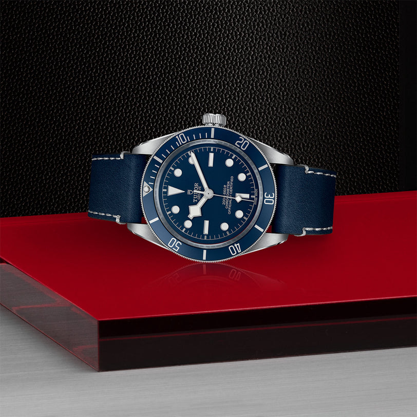 The TUDOR Black Bay 58 wristwatch with a leather strap is displayed on a red and black geometric surface.