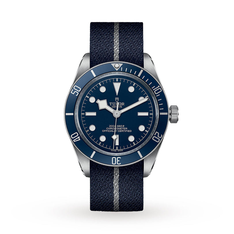 The TUDOR Black Bay 58 is a diving watch with a blue dial and bezel, white hour markers, and a blue fabric strap with a grey stripe, powered by a self-winding mechanical movement, shown on a plain white background.
