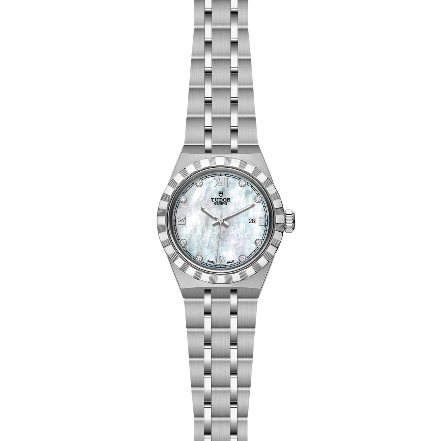 The TUDOR Royal is a refined automatic sport-chic watch in stainless steel and gold, featuring a silver bracelet, fluted bezel, white mother-of-pearl dial with Roman numerals, and a date window at 3 o’clock.