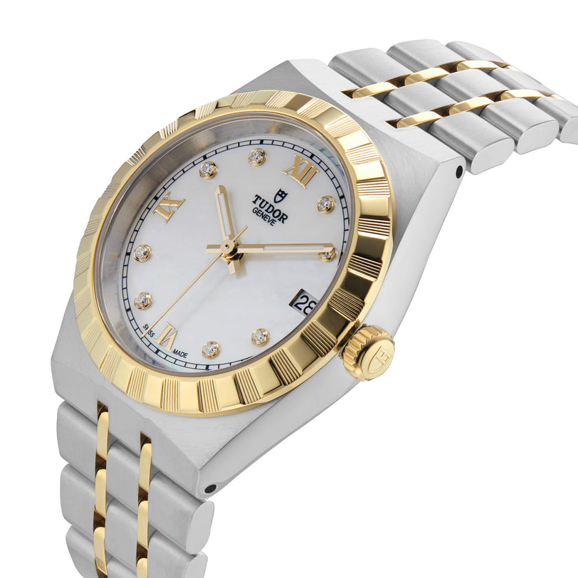 The TUDOR Royal is a two-tone automatic wristwatch with a gold bezel, diamond hour markers, Roman numerals, date window at 3 o’clock, and a stainless steel and gold bracelet for a sport-chic appearance.