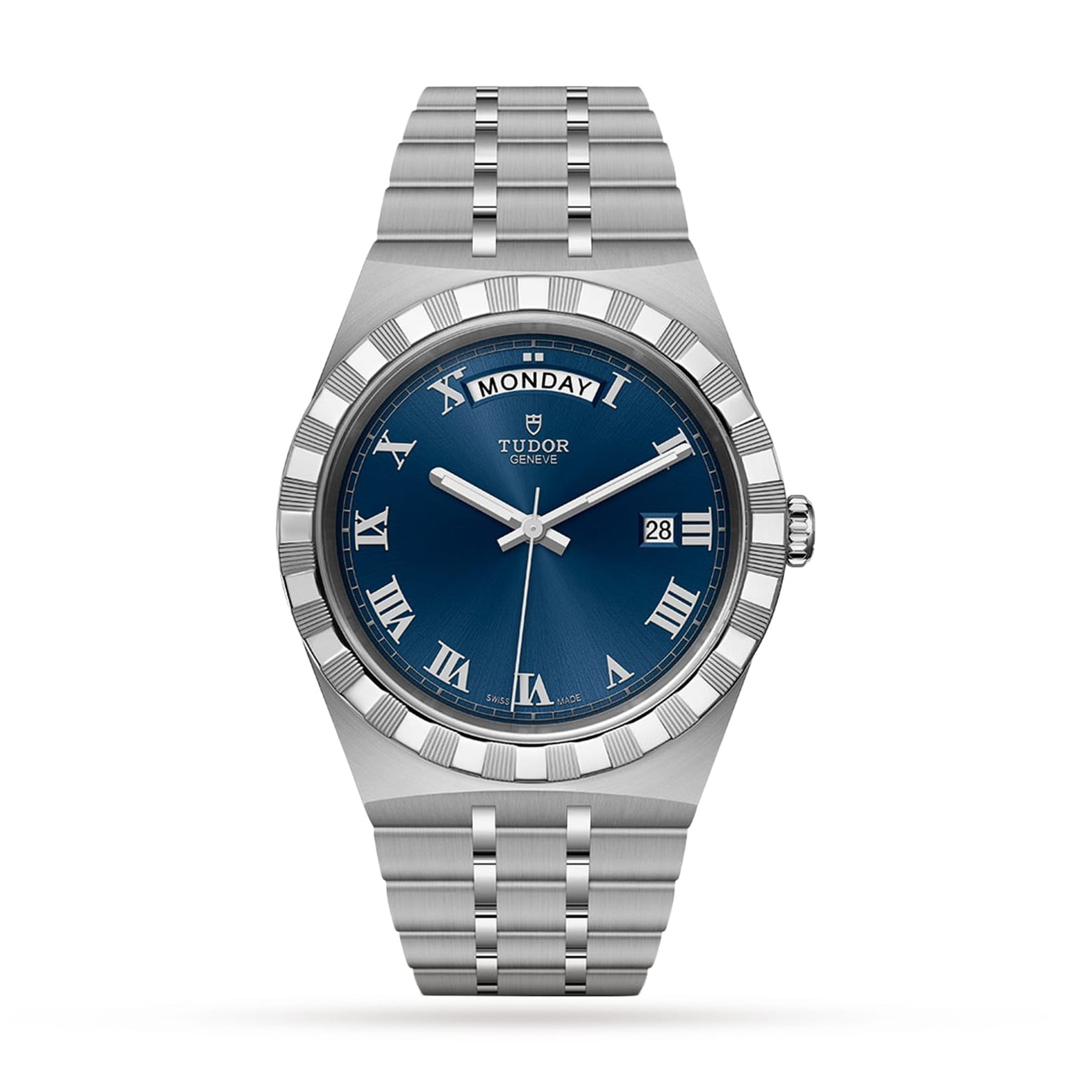 The TUDOR Royal is a stainless steel automatic watch featuring a blue dial with Roman numerals, integrated bracelet, day display at 12, and date at 3—a sport-chic blend of elegance and versatility.