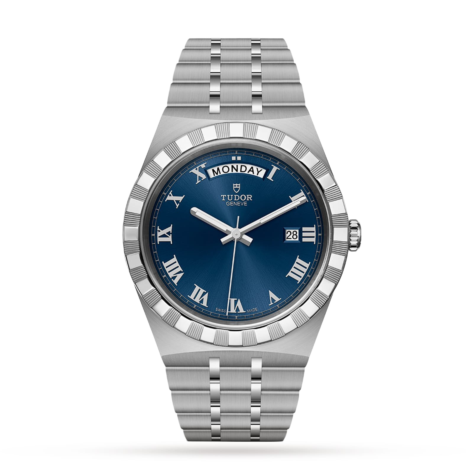 The TUDOR Royal is a stainless steel automatic watch featuring a blue dial with Roman numerals, integrated bracelet, day display at 12, and date at 3—a sport-chic blend of elegance and versatility.