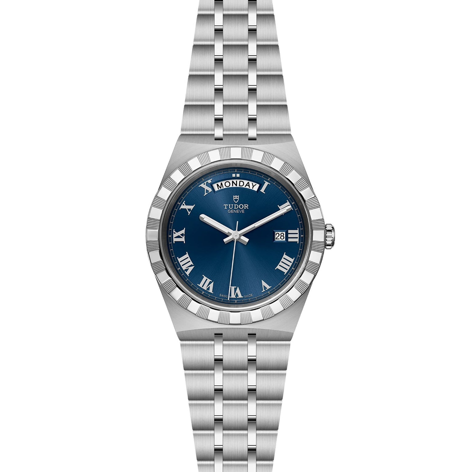 The TUDOR Royal is a stainless steel wristwatch with a blue dial, Roman numerals, day at 12 o’clock, date at 3 o’clock, and an integrated bracelet—an automatic watch combining sport-chic style, elegance, and versatility.