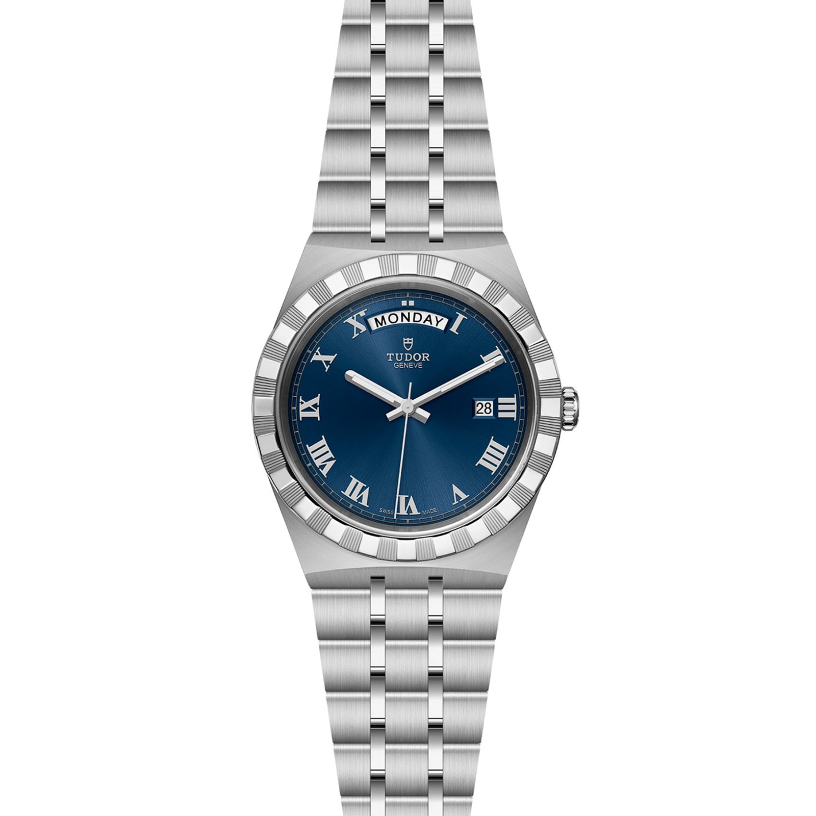 The TUDOR Royal is a stainless steel wristwatch with a blue dial, Roman numerals, day at 12 o’clock, date at 3 o’clock, and an integrated bracelet—an automatic watch combining sport-chic style, elegance, and versatility.