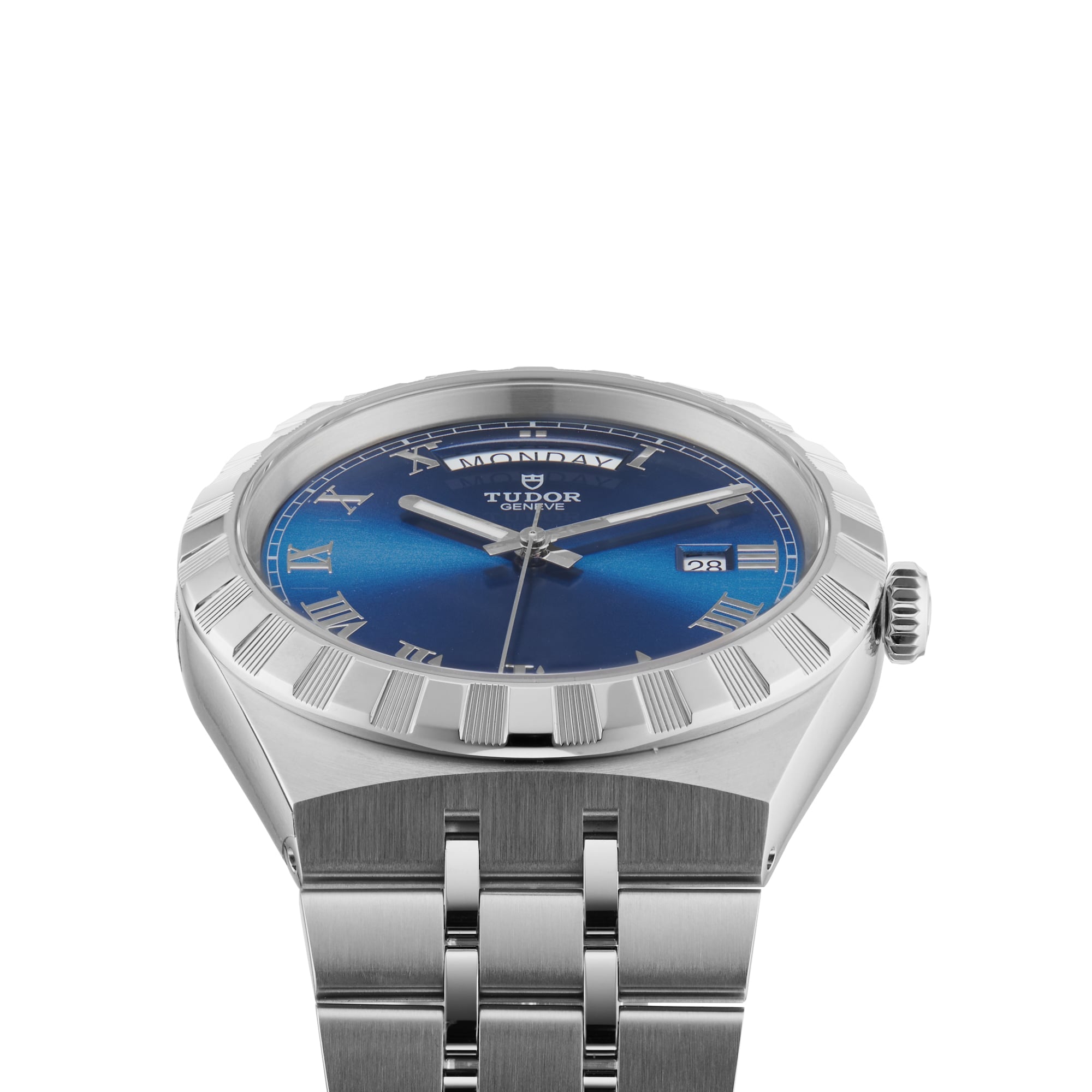 A TUDOR Royal wristwatch features a silver case, blue dial with Roman numerals, day and date display, and integrated bracelet, epitomizing automatic sport-chic style against a white background.