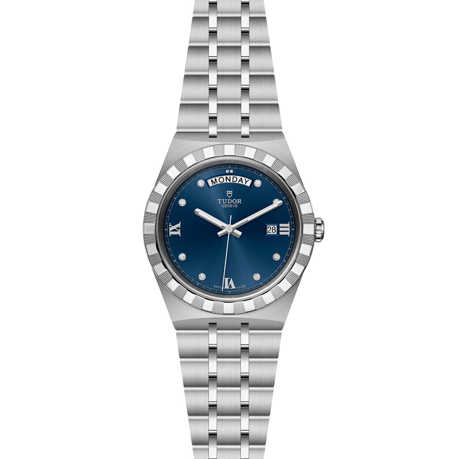 The TUDOR Royal is a stainless steel wristwatch featuring a blue dial, silver hour markers, day and date display, and an integrated bracelet, inspired by automatic sport-chic designs.
