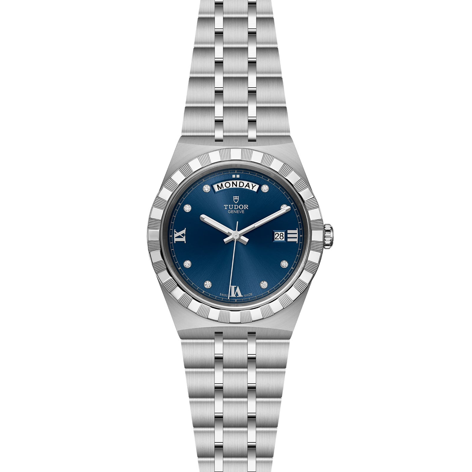 The TUDOR Royal is a stainless steel wristwatch featuring a blue dial, silver hour markers, day and date display, and an integrated bracelet, inspired by automatic sport-chic designs.