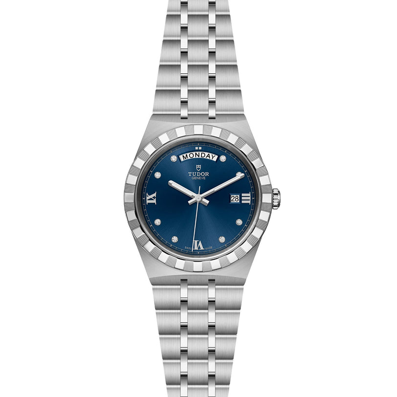 The TUDOR Royal is a stainless steel wristwatch featuring a blue dial, silver hour markers, day and date display, and an integrated bracelet, inspired by automatic sport-chic designs.