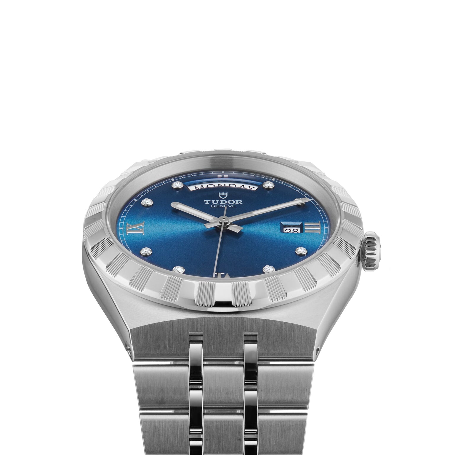A TUDOR Royal stainless steel wristwatch featuring a blue dial, integrated bracelet, day-date display, Roman numerals, and diamond hour markers.