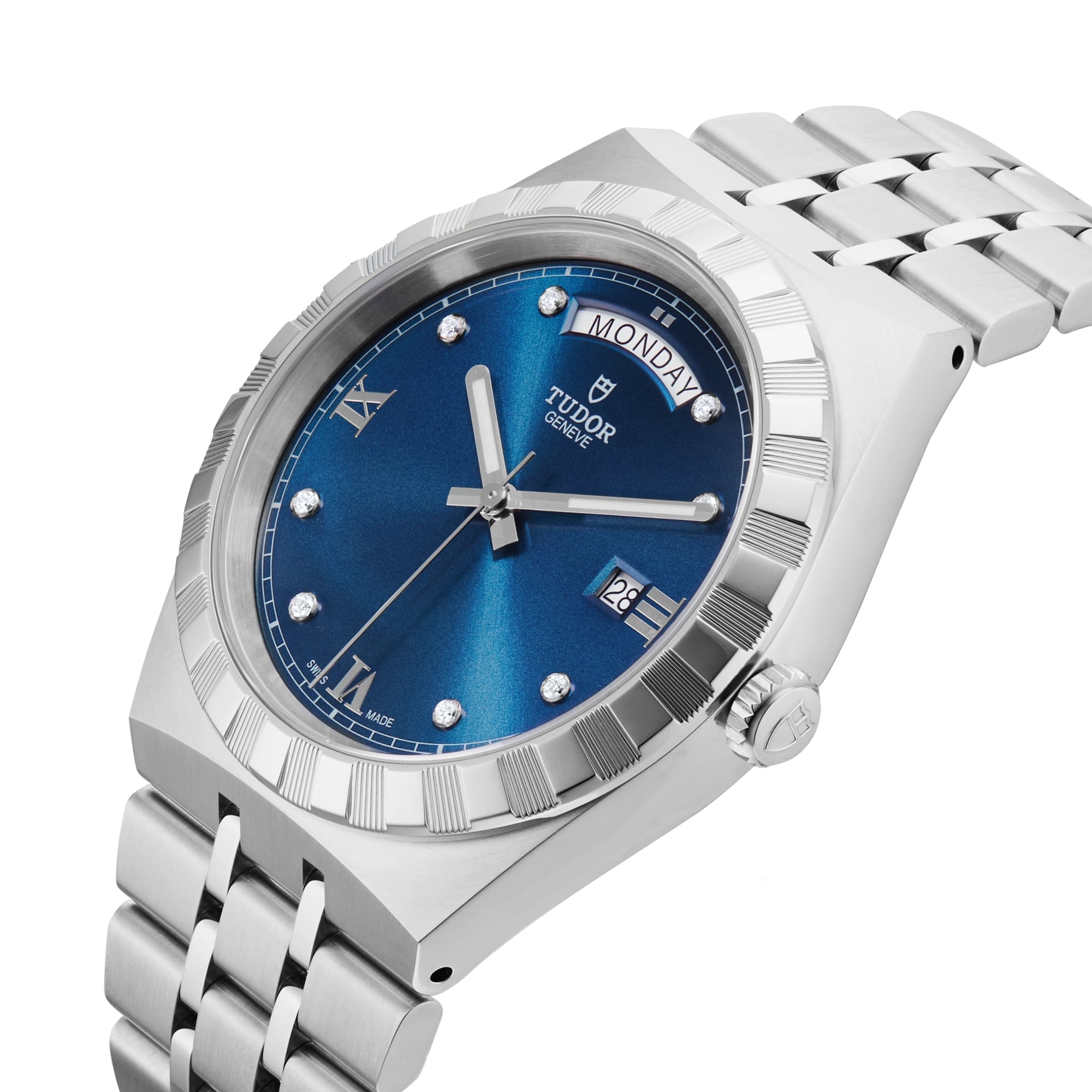 The TUDOR Royal wristwatch features a blue dial with day and date display, diamond hour markers, and an integrated bracelet—an automatic timepiece that merges sport-chic style with timeless elegance.